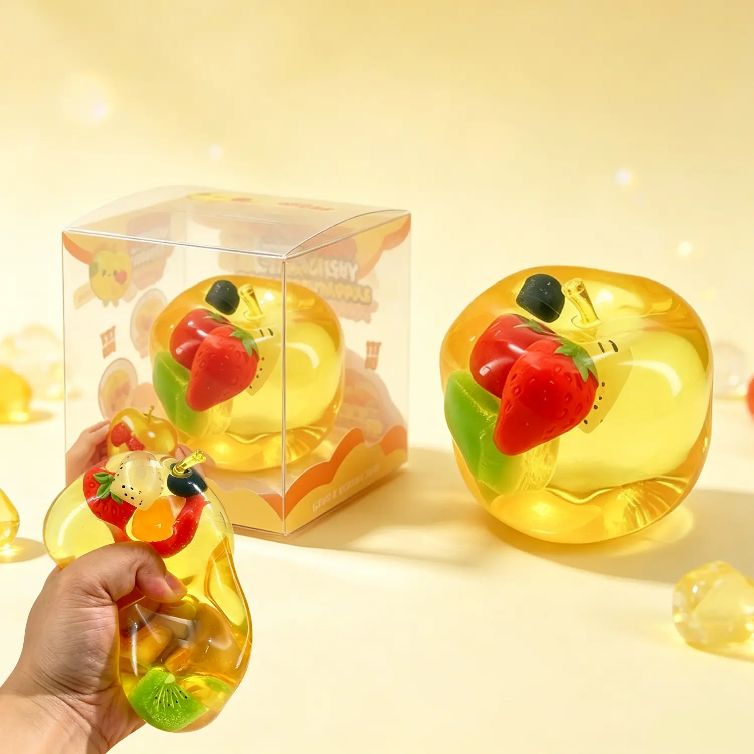 Jelly Apple Squishy Toy with Fruits Blocks Inside, Veseline Transparent Squeeze Toy, Slow RisingFidget Sensory Toy for Stress Relief