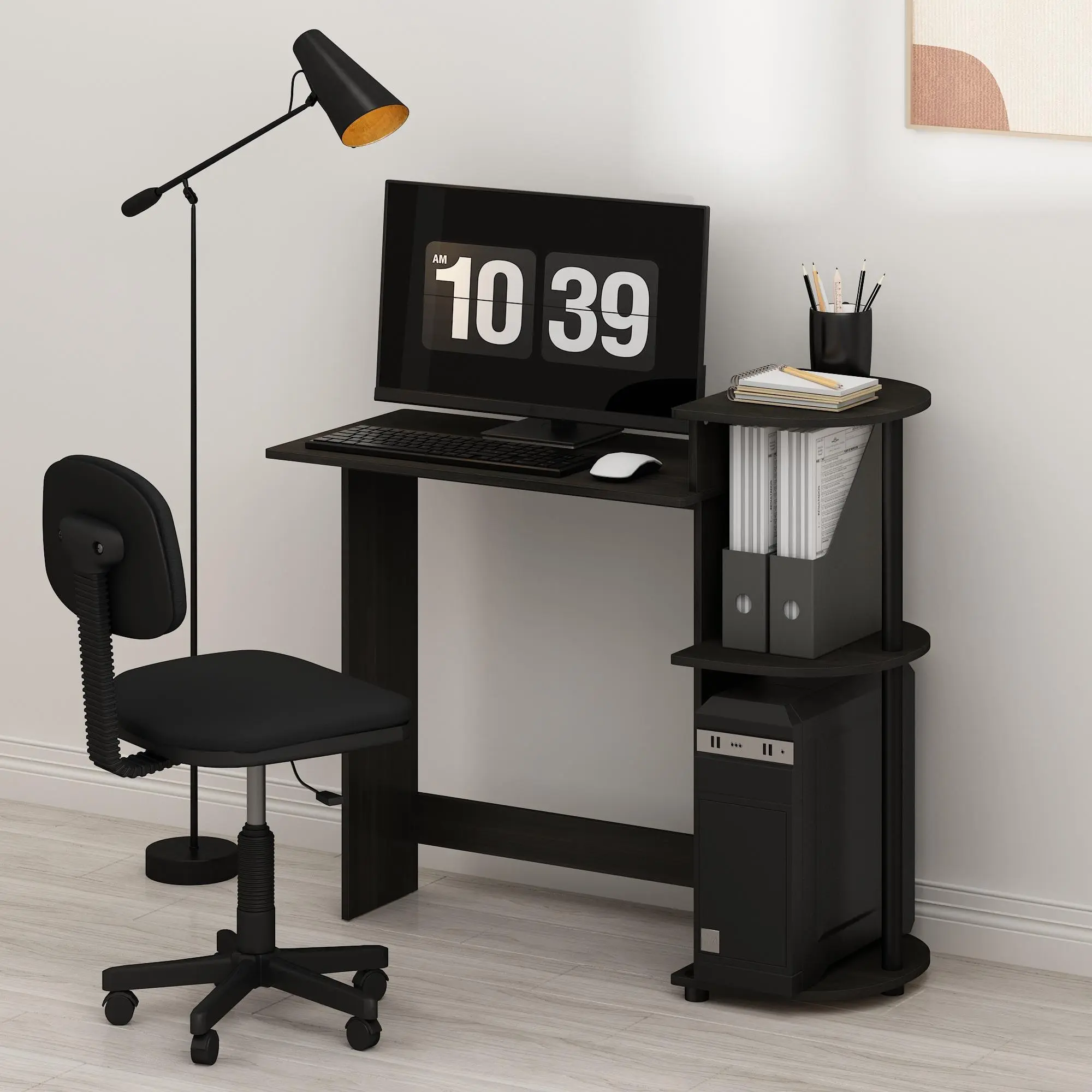 Black Compact Cabinet Desk - 28.5-in Solid Minimalist Modern Style Desk with Bookshelf for Dorm & Home Office Organization, Compact Cabinet Desks, Minimalist Modern Desks