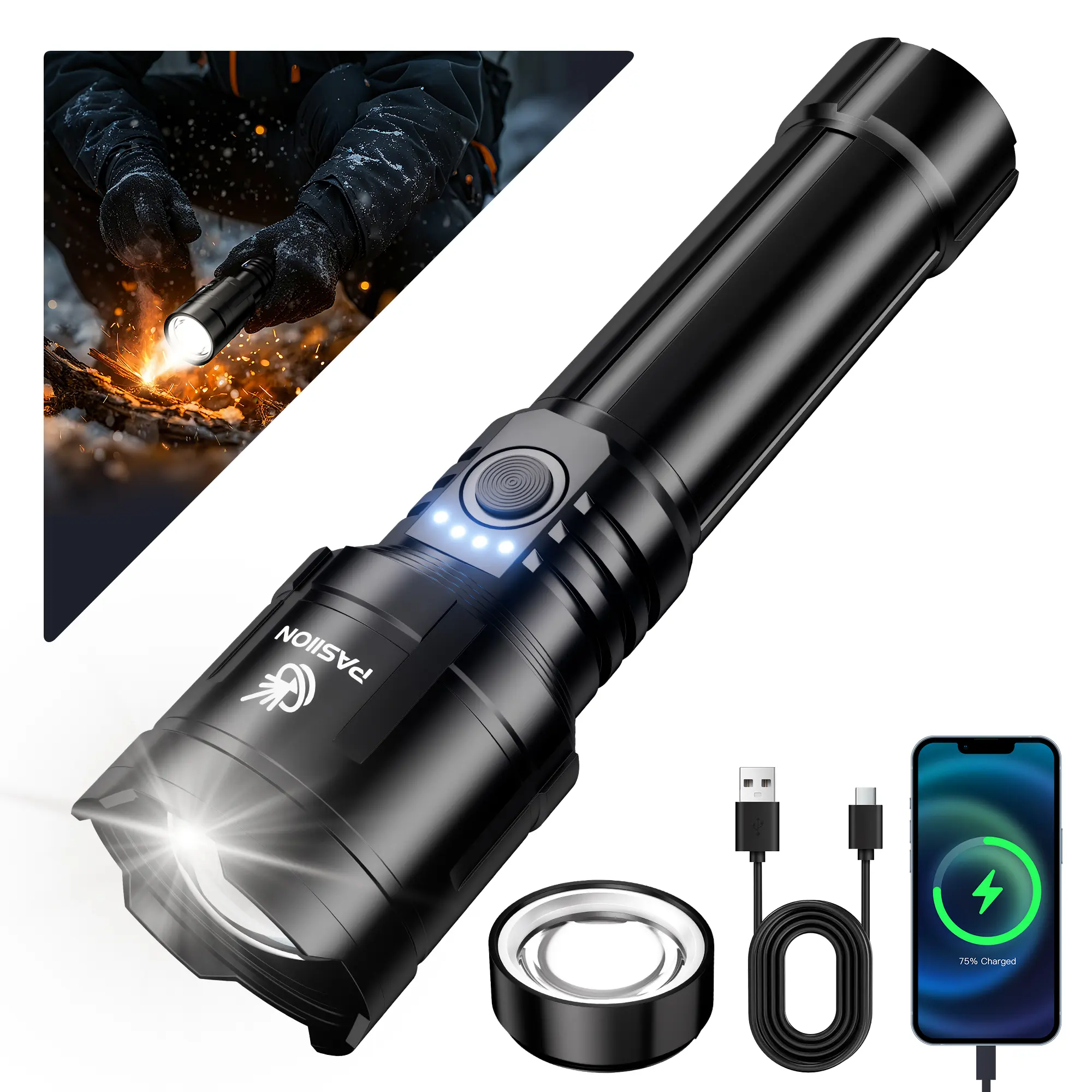 【liquidate leftover stock】 CP3 LED Flashlights High Lumens with Ignition Lens,Super Bright Rechargeable Flashlight,Zoomable,Four Modes,Waterproof Tactical Flash Light for Camping Essentials,Outdoor,Home&Gifts