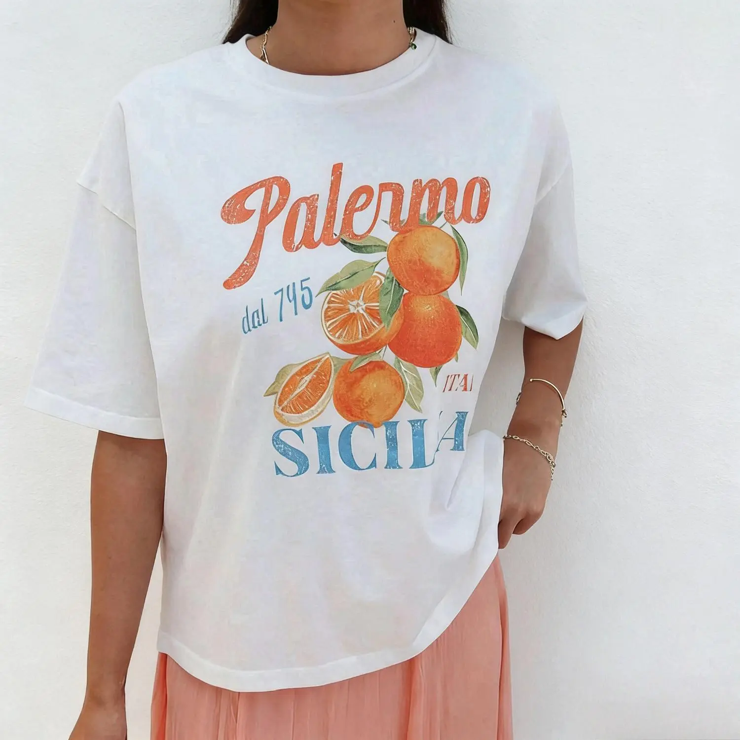 Women's Oversized Graphic T-Shirt, Retro Palermo Orange Print in a Colorful Style, Breathable 100% Cotton with Digital Print Perfect for Streetwear and Jeans, Soft, Fabric, Tshirt, Casual