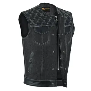 MC Gear supply Mens Black Denim Leather Motorcycle Biker Vest with White Stitching and Quilted Yoke - Sleeveless Club Waistcoat MC20307