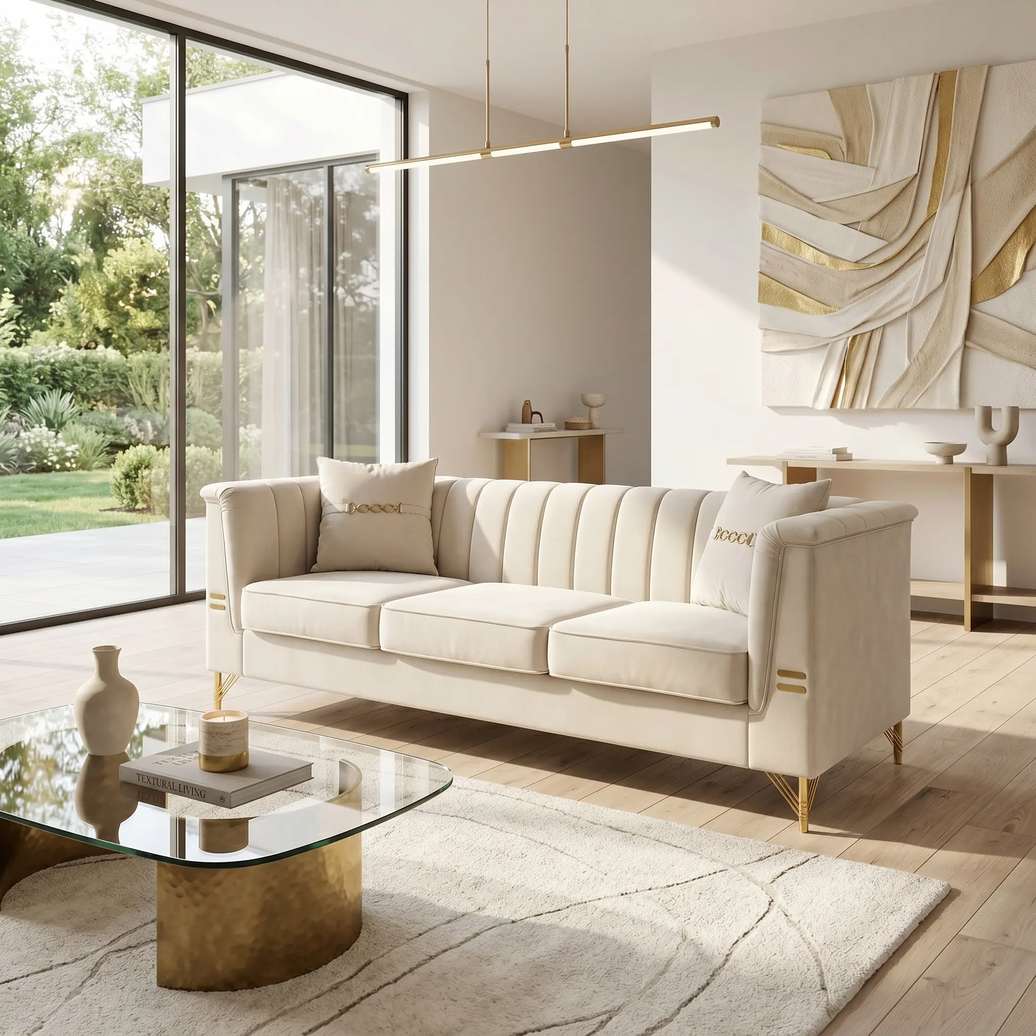 83" Chesterfield Velvet Comfy Cloud Couch - Contemporary Upholstered 3-Seater Solid Wood Sofa with Rolled Arms, Removable Foam, Pocket Springs, Heavy-Duty Support Structure, Gold Metal Legs, Cushion & Throw Pillows for Living Room, Office