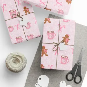 Pink Christmas Wrapping Paper - Gingerbread Girl & Hot Cocoa Pattern | Aesthetic Pinkmas Gift Wrap