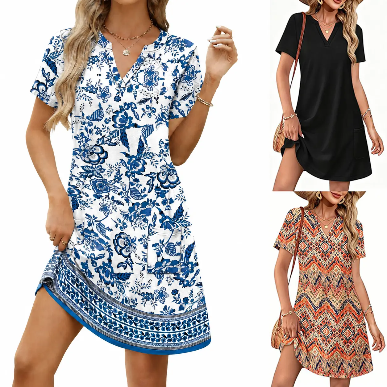 Women's Short Sleeve V Neck T Shirt Dress, Casual Loose Summer Pocket Tunic Dress, Floral & Geometric Print Solid Color Beach Vacation Swing Dresses