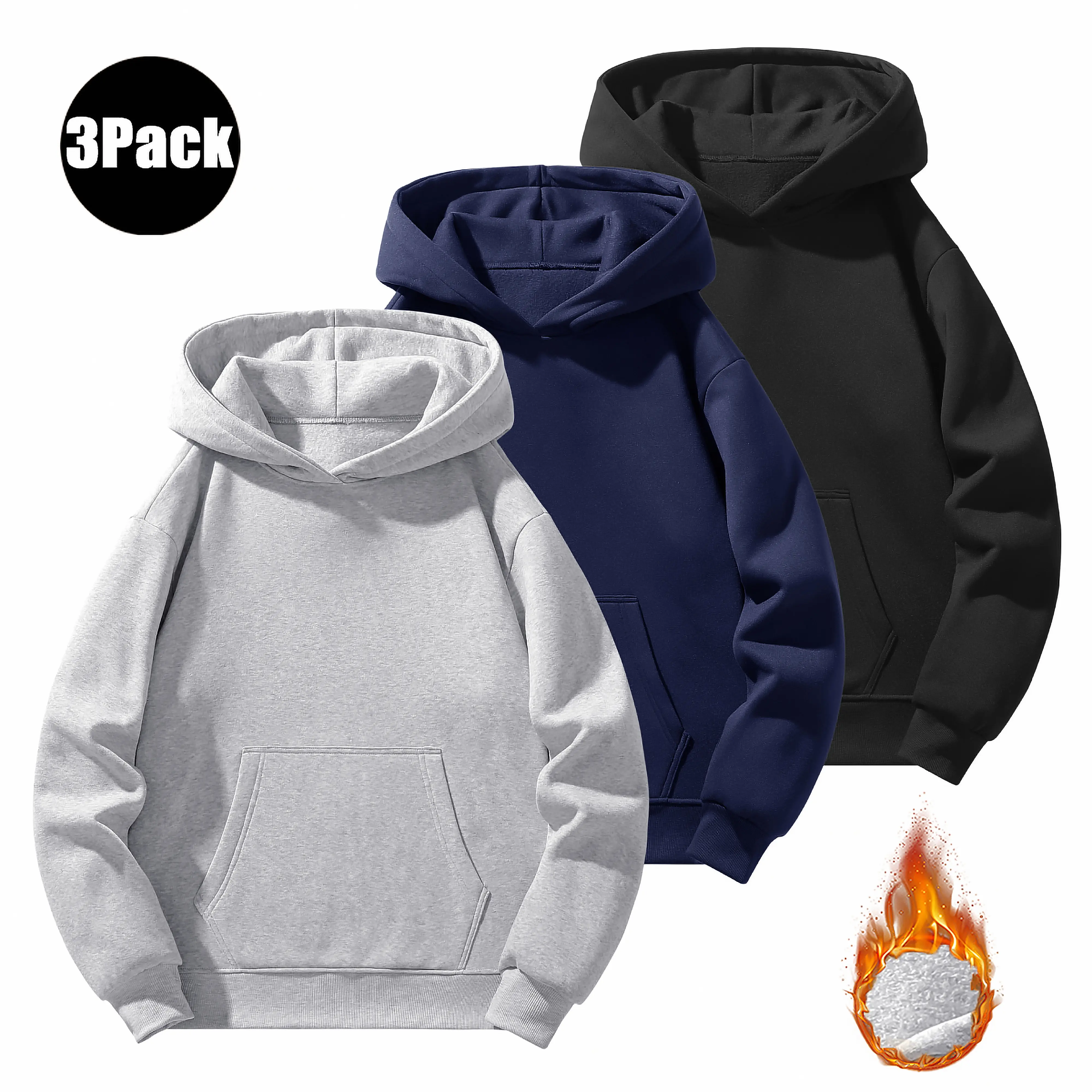 Men's 3-Pack Heavyweight Fleece Hoodies - 3-Color Set, Long Loose-Fit Polyester Operator Task Wear, Heavy Fleece Heat Warm Outerwear for Casual Ootd, Classic Plain Male Clothing (Navy/Gray/Black Options)