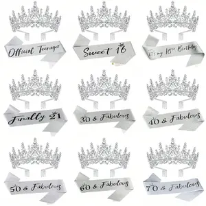 Silver Crown / Birthdays for 18/21/13/16 years old / 30/40/50/60/70 years old - Soft satin ribbon Happy Birthday set decorations, suitable as a gift for daughters, wives, mothers, birthday presents, and birthday party decorations.