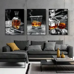 3 Pieces Set Optional Wooden Frame Fashion Bar Restaurant Artistic Wall Art Wine Glass Canvas Painting Canvas Prints Whiskey Bottle Cigar Aesthetic Poster Living Room Home Decor Wall Canvas Decor Mural