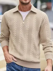 Men's autumn and winter lapel semi-zipper knitted sweater, Half zip pullover, Fitted, with twist weaving texture, semi-open design, soft fabric, can be worn alone or as an inner layer, suitable for daily casual wear