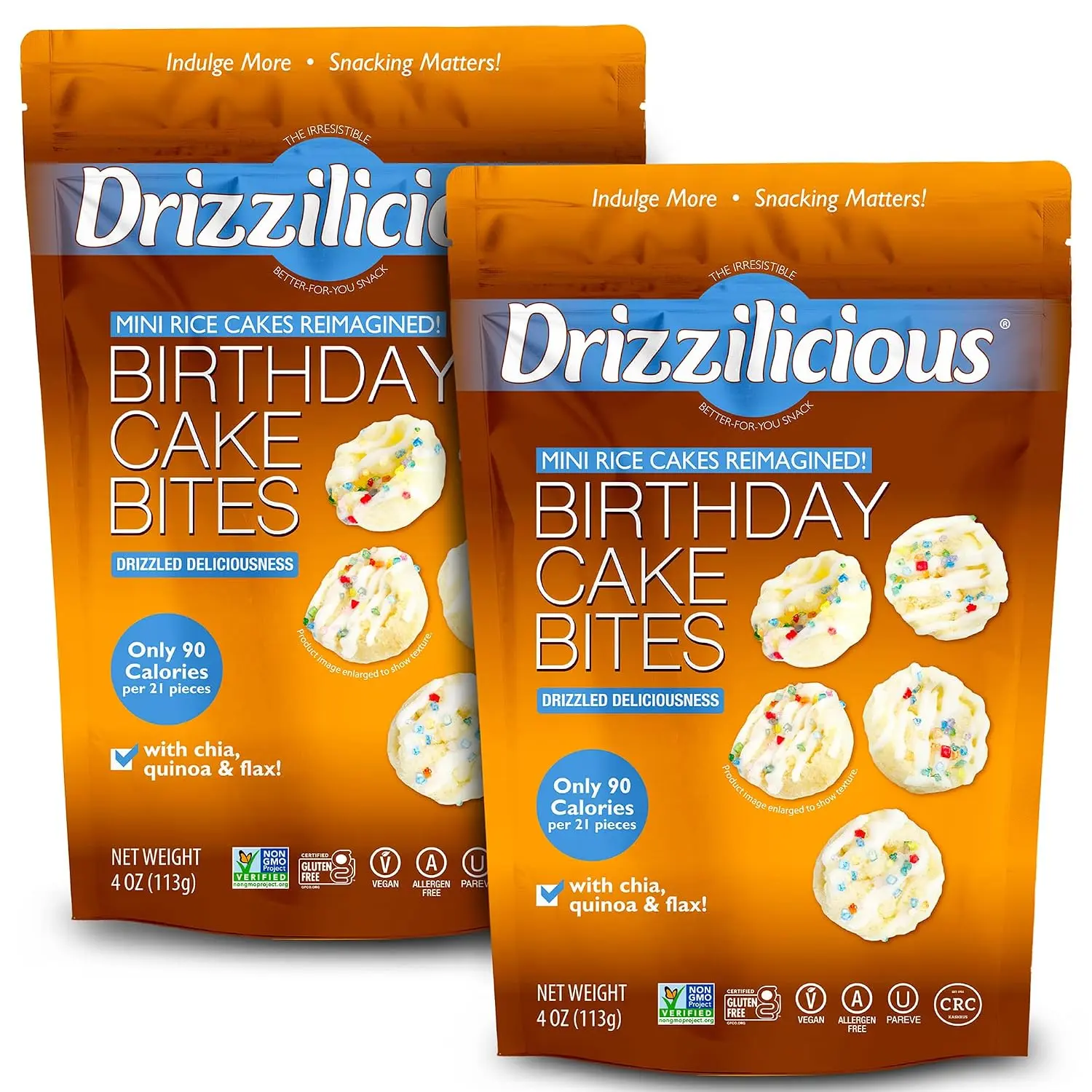 Drizzilicious Mini Flavored Rice Cakes Birthday Cake - Rice Crisps, Healthy Snack for Adults and Kids, Vegan, Gluten Free Snack, Allergen Free, Only 90 Calories Per 21 Pieces - 4 oz (Pack of 2)