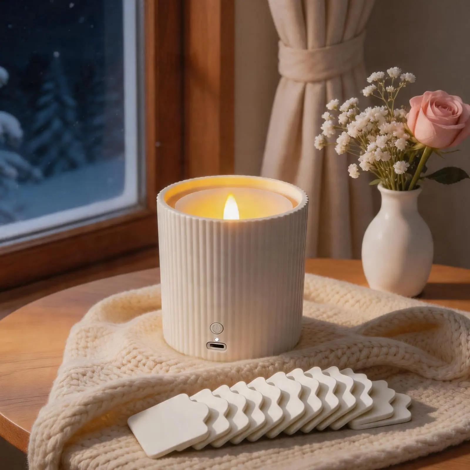 ISUNMEA 2 in 1 Waterless Essential Oil Diffuser and 3D Wick and Realistic Flame Candle,Flameless Candle Diffuser,USB Power Supply LED Candle Waterless Diffuser 12PCS Cotton Pads(No Rechargeable Battery)