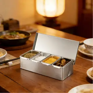 CNCEST 4-Slot Stainless Steel Condiment Carrier with Lids & Spoons Silver Seasoning Organizer Countertop Spice Rack for Kitchen, Restaurant & Buffet