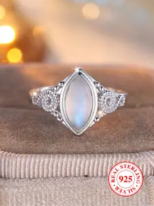 S925 Sterling Silver Moonstone Decorated Ring, Elegant Wedding Engagement Ring for Women & Girls, Trendy All-match & Exquisite Jewelry for Birthday Gift