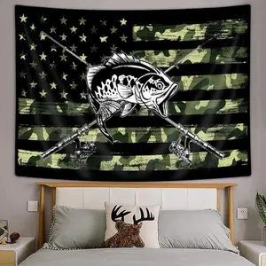 American Flag Fishing Tapestry, Rustic Hunting Bass Fish Camo Lake Black and Green Tapestry Wall Hanging for Men Bedroom, Cabin Tapestries Decor