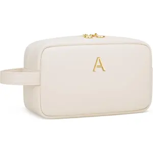 Personalized Gifts for Women Girls - Customized Gifts for Mom Bridesmaid Graduation Friend, Initial Makeup Bag Cosmetic Bag with Large Capacity, PU leather Travel Toiletry Bags (Beige, A)