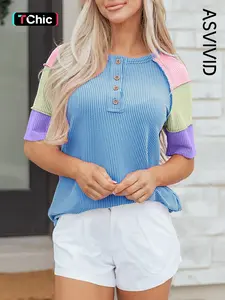 Women's Casual Twisted Ribbed Colorblock Patchwork Henley Neck Short Sleeve T-Shirt, Summer Fashion Top