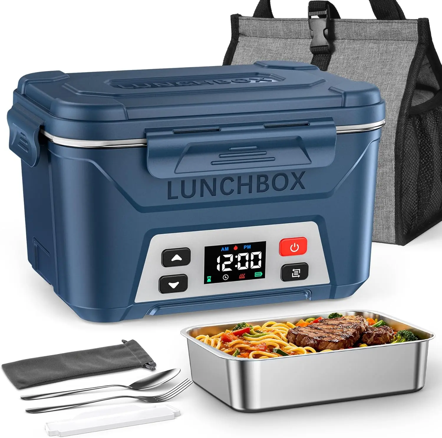 Docusvect 5.5 Cups Large Cordless Electric Lunch Box, Rechargeable Self Heating Food Container for Adults, Battery Powered Portable Food Warmer with Automatic Keep Warm for Work, Road Trip, Picnic, Classic Blue