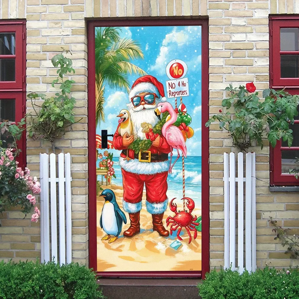 2pcs   Tropical Christmas Beach Style Decorative Wall Sticker Creative Santa Claus Penguin Flamingo Pattern Holiday Door Sticker Self Adhesive Removable Living Room Bedroom Shop Window New Year Festiva