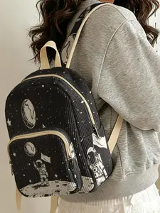 1 piece of 2D printed lady's backpack with astronaut space pattern, Versatile, corduroy texture + layered storage + light weight reduction, perfect for students to go to class/shopping/short trips, Backpack for school