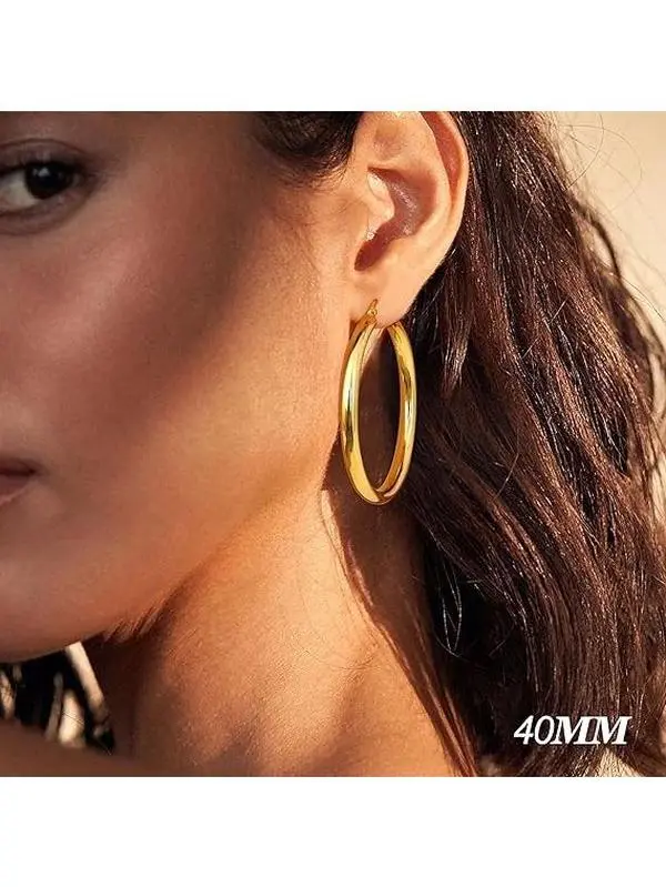 14K thick gold earrings for women, featuring 925 sterling silver ear posts, hollow tube design, and an earring thickness of 4mm. Made from hypoallergenic material, they are lightweight. Available in sizes 25/30/40/50/60/70mm to suit various wearing needs,
