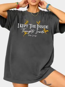 Women's "I Kept The Inside Thoughts Inside" Double-Sided Print Casual T-Shirt Womenswear | Fourth Wing Ridoc Gamlyn Fantasy Retro Oversized Crew Neck Short Sleeve Top