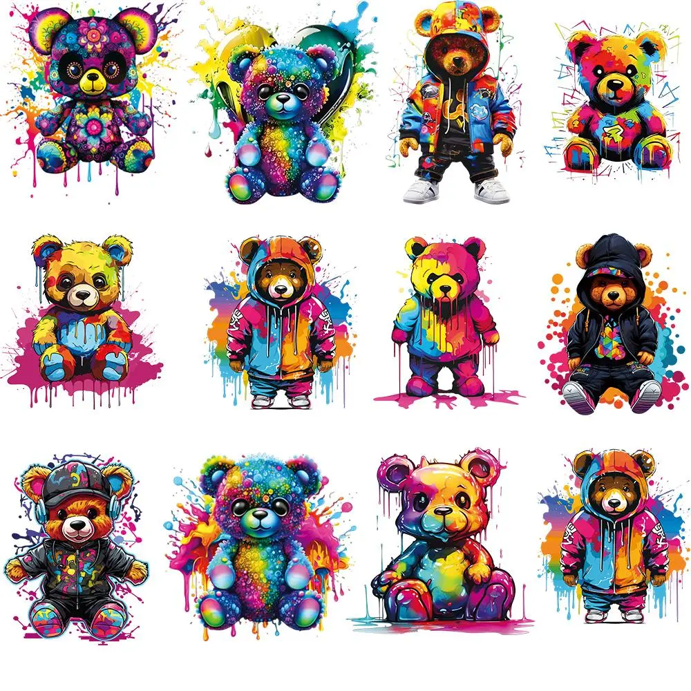 Bear Pattern DTF Transfer Sticker, 12pcs/set DIY Heat Transfer Sticker, Heat Press Sticker for Clothes, DIY Clothing Decoration, Diy Kit, Diy Craft Embellishments, Diy Crafts Supplies