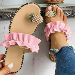 Pineapple Pearl Beach Slides Flat Toe Casual Womens Slippers Walking Shoes Comfortable Footwear for Summer