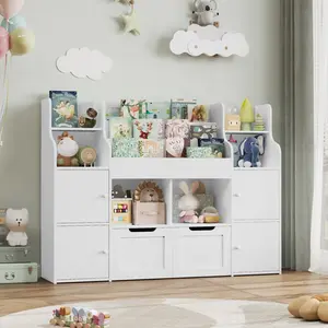 FOTOSOK Toy Storage Organizer with  8 Storage Cubbies and 2 Movable Drawers, Toy Organizer with Hidden Wheels and 3-Tier Kids Bookshelf, Multifunctional Floor Storage Chest for Playroom