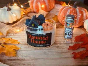 Inventive Haunted House Halloween Candle | Calm Fall Wood Wick Fragrances | Distinctive Cozy Fall Ghost Décor | SoyBlend Present