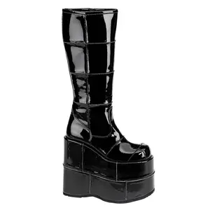 Demonia Men's Stack-301 Black Patent Knee-high Boots with 7" Platform & Full Inner Side Zipper for Casual Wear
