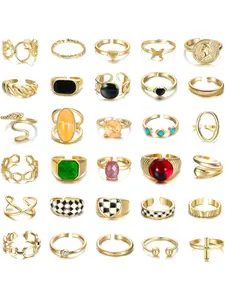 30Pcs Gold Plated Chunky Rings for Women Jewelry Rings Chunky Twisted Signet Rings Stackable Finger Rings Knuckle Midi Ring Adjustable Open Ring Sets
