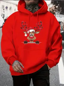 Men's Holiday Deer Sweater, Comfortable Long Sleeve Sporty Top, Christmas Hat & Happy Holidays Print, Casual Winter Pullover