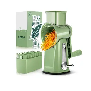 SUSTEAS Green Rotating Kitchen Cheese Grater Food Chopper with 5 Well-Designed Blades and Strong Suction Cup Base, Comes with 1 Blade Storage Box Utensil Vegetable Cutting Slicer Vegetable Fruit Cutter