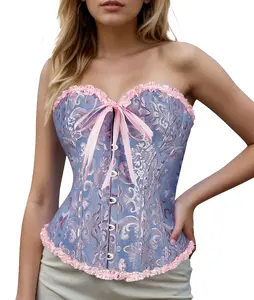 Women Overbust Bustier Corset Tops Lace Up Date Night Outfit Strapless Steel Boned