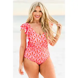 Chic Soul Women's Polyamide-Elastane Stretch 1-Piece Swimsuit - Flutter Sleeves, Pink Geometric Print, PTO Getaway Style, Colorful Women's One-Pieces, Elastized Women's One-Pieces