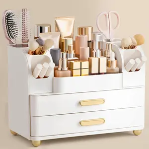 Large All-White Vanity Makeup Organizer Box with Brush Holder - French Country Home Storage for Bathroom Countertops, Holds Lipsticks, Nail Polishes, Perfumes, Eyeshadow Palettes and Beauty Products