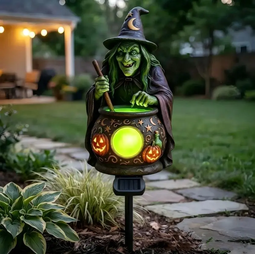 Magical Solar Halloween Witch Stake Light - Outdoor Garden Sculpture Decor with Glowing Green Cauldron, Stars, Moons, Jack-O'-Lanterns for Pathway, Lawn; Scary Party Accent