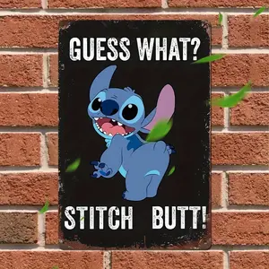 DISNEY CLASSIC Stitch Retro Metal Wall Sign - Vintage Garage Signs, Waterproof Decoration Items with "Guess What? Stitch Butt!" Text - Indoor Home Decor, Gift for Bar or Cafe