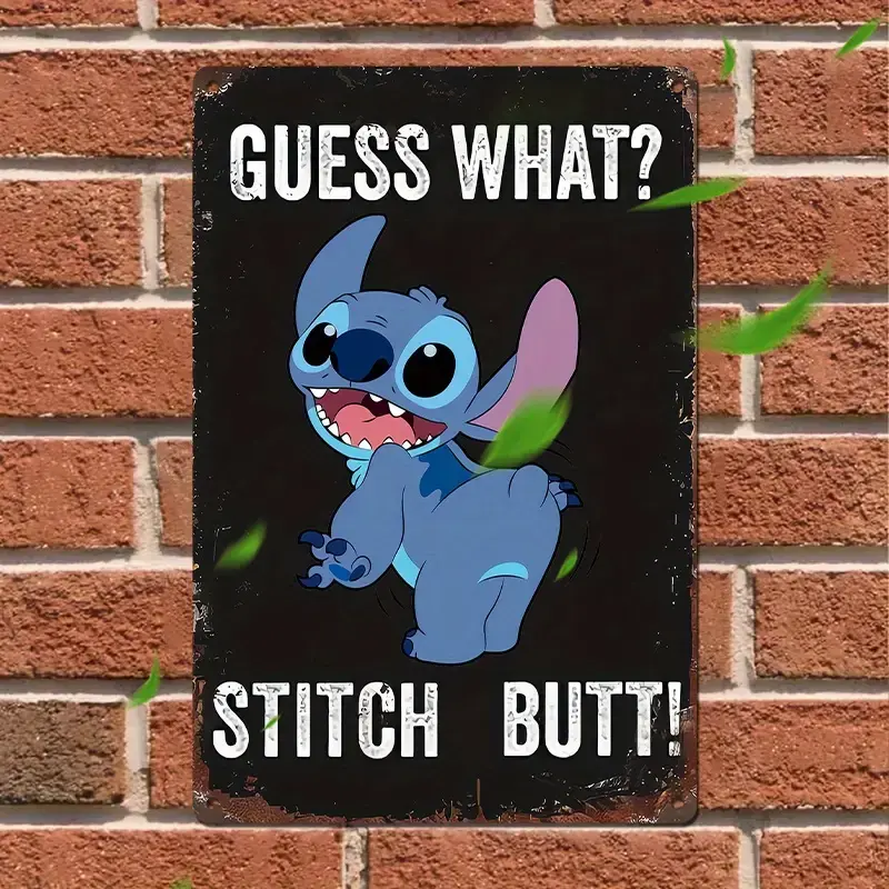 DISNEY CLASSIC Stitch Retro Metal Wall Sign - Vintage Garage Signs, Waterproof Decoration Items with "Guess What? Stitch Butt!" Text - Indoor Home Decor, Gift for Bar or Cafe
