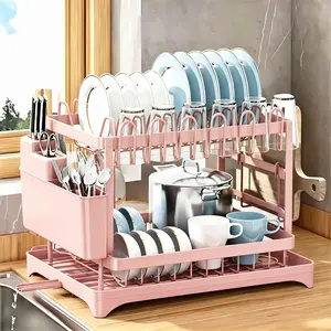 2-Tier Dish Rack, Pink Rustproof Plastic & Metal Dish Drainer with Drainboard, Utensil Holder and Cup Holder, Space-Saving Folding Countertop Kitchen Organizer, Sturdy Construction Dish Drying Rack