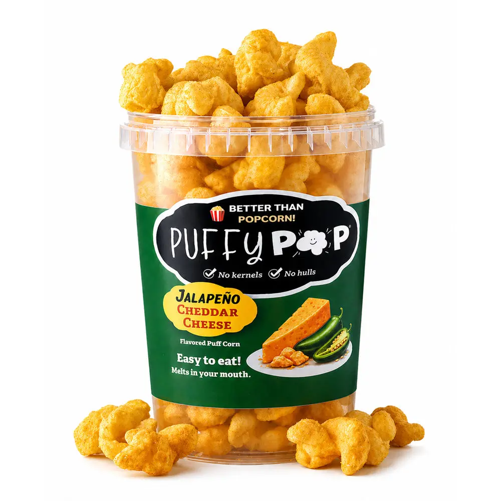 Jalapeño Cheddar Cheese (GF) Puffy Pop Popcorn Puffs - No Kernels, No Hulls - Easy to Eat Snack