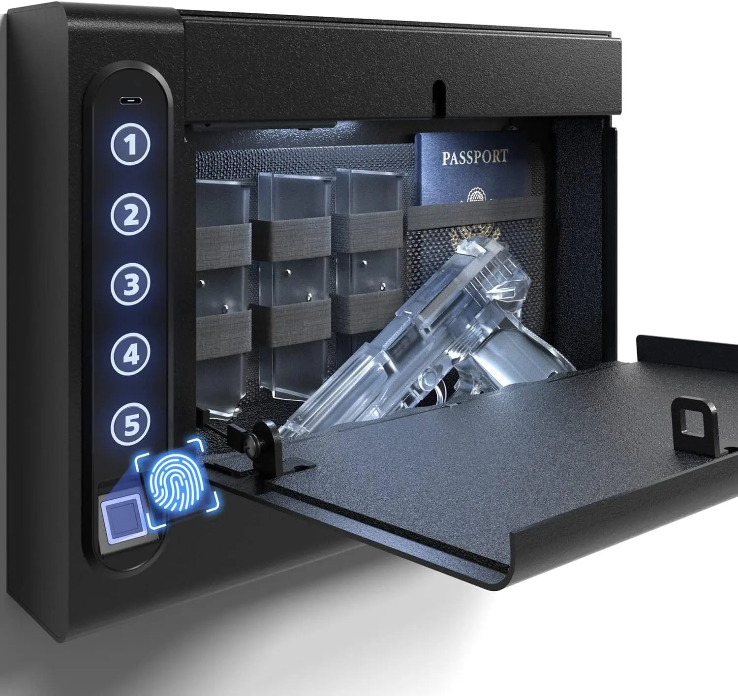 XDeer Biometric Wall Safe without Gas Strut for Quick Access, Hidden Storage for Full-Size, LED Light, Silent Mode, and Backlit Digital Keypad S008QG (S008)