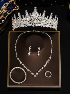 Luxury Women's Rhinestone Jewelry Set, Elegant Jewelry Set, Fashion Bracelet Ring Earrings Necklace, High Alloy Crown, Perfect for Bride Wedding Accessories, Fashionable Jewelry Set