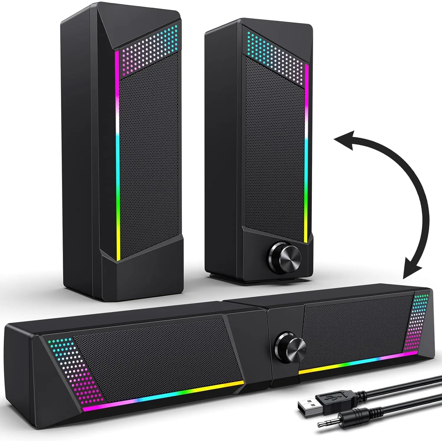 Computer Speakers, PC SoundBar, Gaming Speakers for PC Computer Laptop Desktop, Subwoofer Wired, RGB Speakers, USB  3.5mm Aux(Package Includes Only Two Speaker)