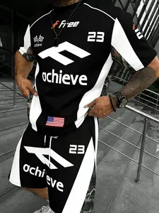 Men's Casual Sportswear Set, "ACHIEVE 23" Star Pattern Graphic Tee & Matching Shorts, Lightweight & Comfortable, For Active Lifestyles, Sportswear Indoor Outdoor, Workout Sets, Outdoor Training & Daily Athleisure, Athleisure Summer Clothes