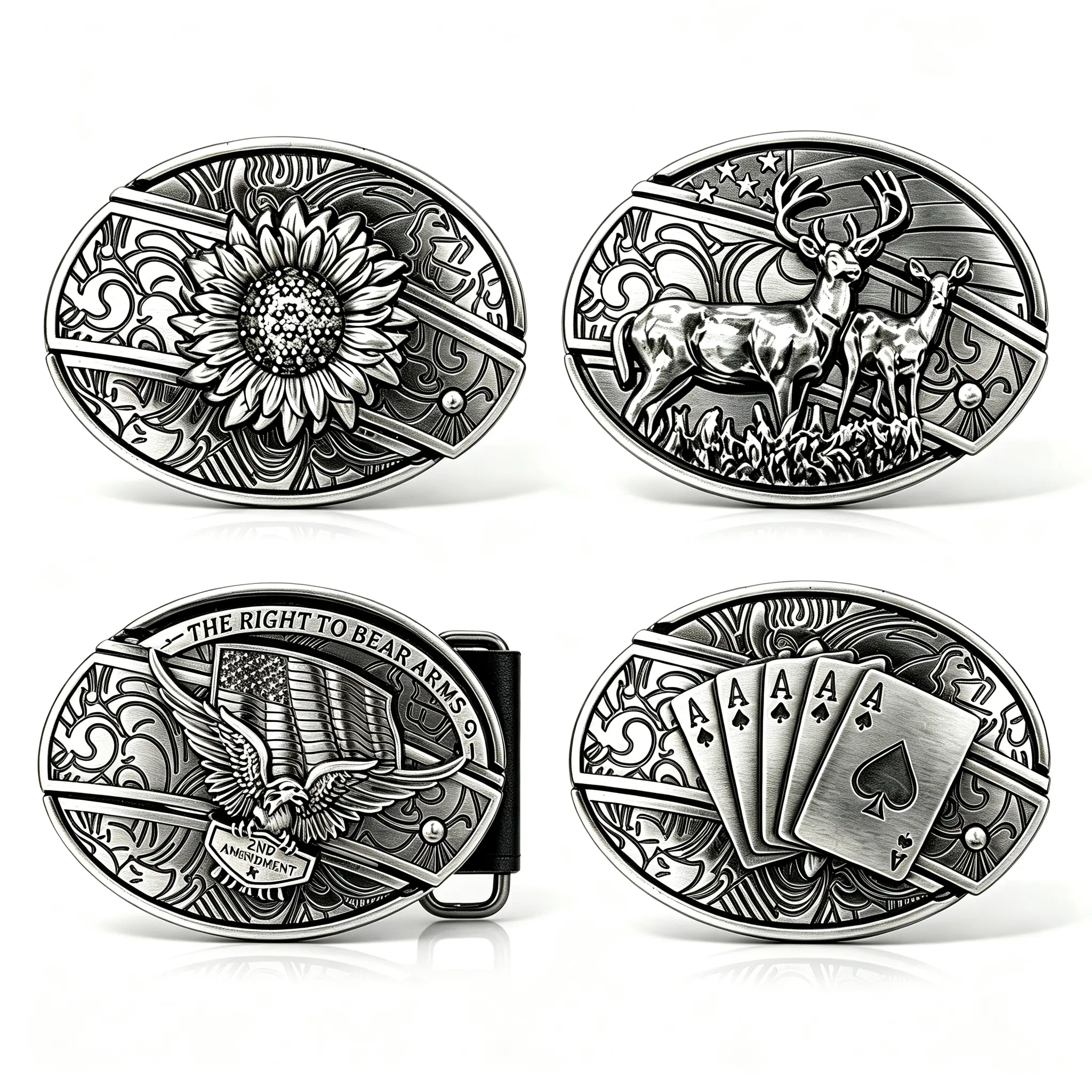 Vintage Western Oval Belt Buckle, 4 Styles Sunflower Deer Eagle 4 Aces Poker Antique Silver Engraved Cowboy Belt Buckle For Men Women, Fits 1.5" Leather Belt, Novelty Americana Belt Buckle Gift