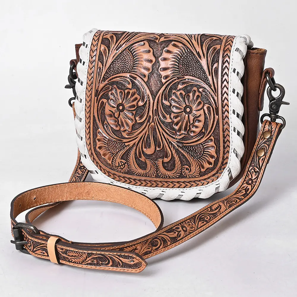 American Darling Hand Tooled Leather Cross Body Bag with Floral Carving, Genuine Leather Build, Adjustable Strap & Organized Interior for Everyday Use