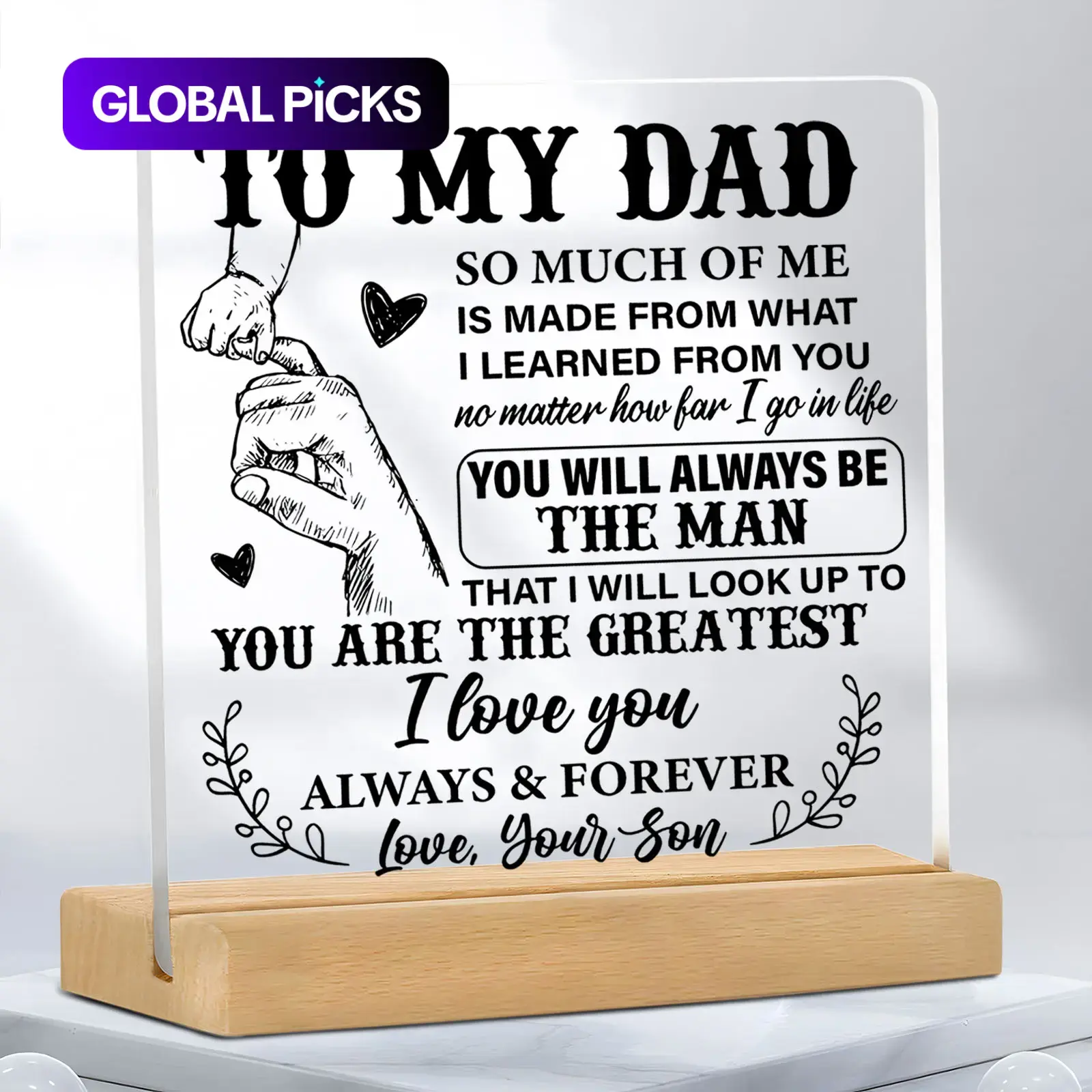 To My Dad Letter-Printed Acrylic Ornament, Creative Desktop Decoration Plaque for Home & Office, Acrylic Decorative Plaque Sign with Wooden Base, Desk Decoration, Ideal for Dad Gifts