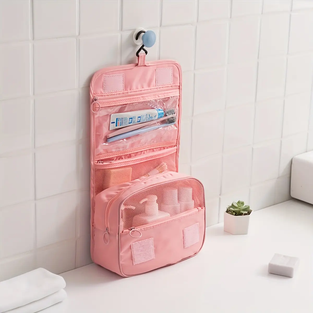 For Men And Women, Large Cosmetic Case, Waterproof Shower Bag With Hooks, Bathroom Storage Bag Makeup Pouch Travel Toiletries