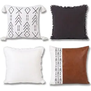 4 Pack Boho Throw Pillow Covers 18x18 Inch - Farmhouse Cozy Decorative Cushions for Couch Bed Living Room - Thick Textured Soft Organic Cotton & Luxury Vegan Leather - Modern Aztec Stripes & Solid Ivory - Durable Machine Washable Home Decor Set