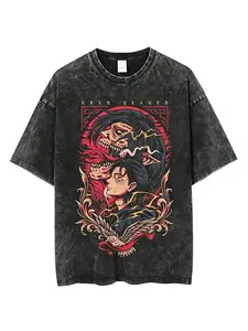 Men's Cotton Distressed Oversized Short-Sleeve Round Neck T-Shirt - Attack on Titan Eren Jaeger Print, Vintage Manga, Harajuku Casual Top Soft Menswear